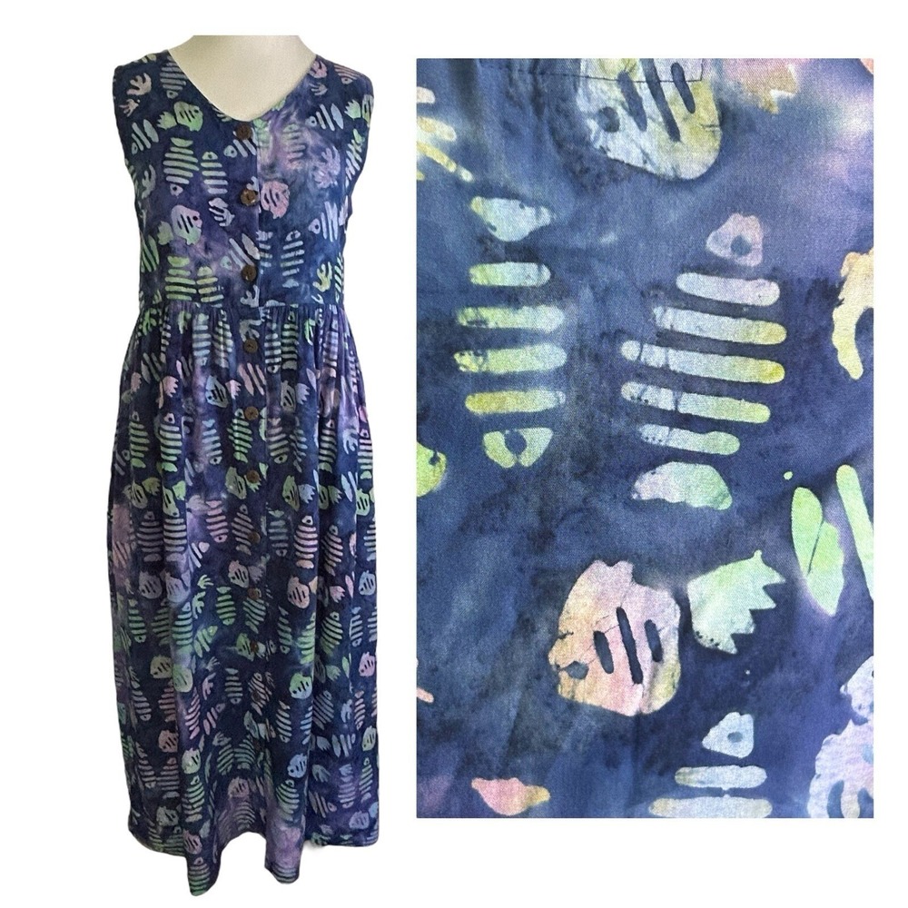 THE DAILY PLANET Fish MAXI DRESS M Sun Batik Beach Hippie Artsy Boho Block Print